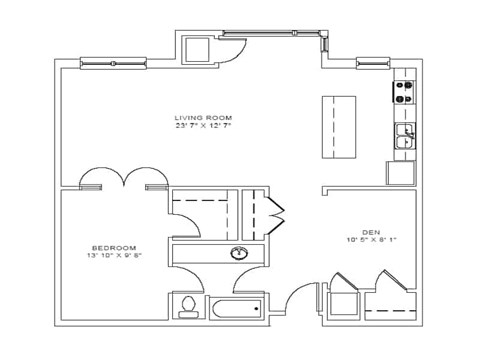 Floor plan for 1 bed, 1 bath, 903 sqft
